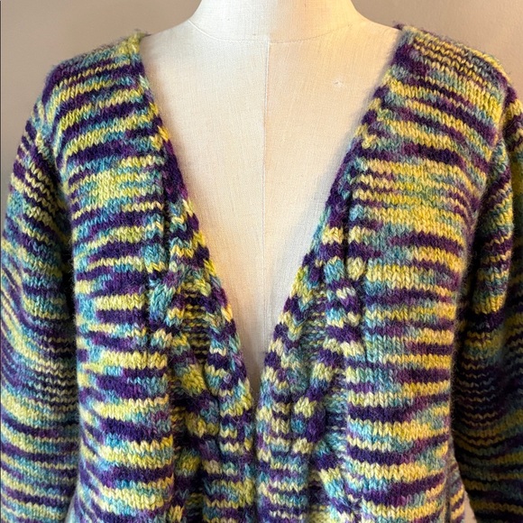 Multicolor HAND KNIT open front chunky cardigan 3/4 sleeve grandma vibe Med - Picture 3 of 10